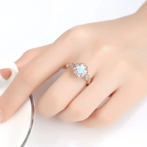 NEW Rose Gold Round Opal Diamond Halo Twist Ring - Picture 10 of 10